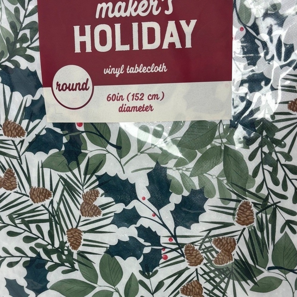 Maker's Holiday Round Vinyl Tablecloth 60in Christmas Pinecone Holly Festive - Picture 3 of 6
